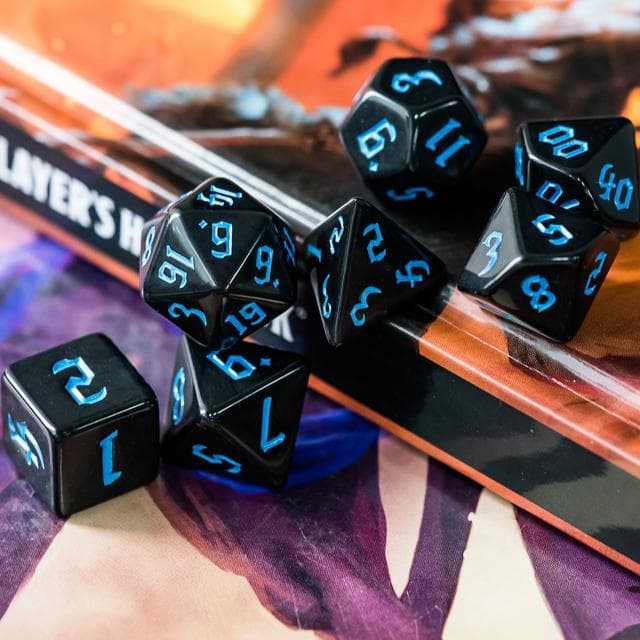 RPG Dice | Solid Black (Blue Ink) | Set of 7