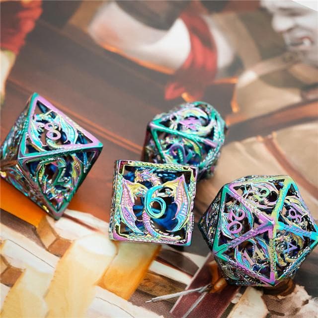 Metal Dice | Hollow "Dragon" Rainbow | Set of 7
