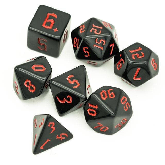 RPG Dice | Solid Black (Red Ink) | Set of 7