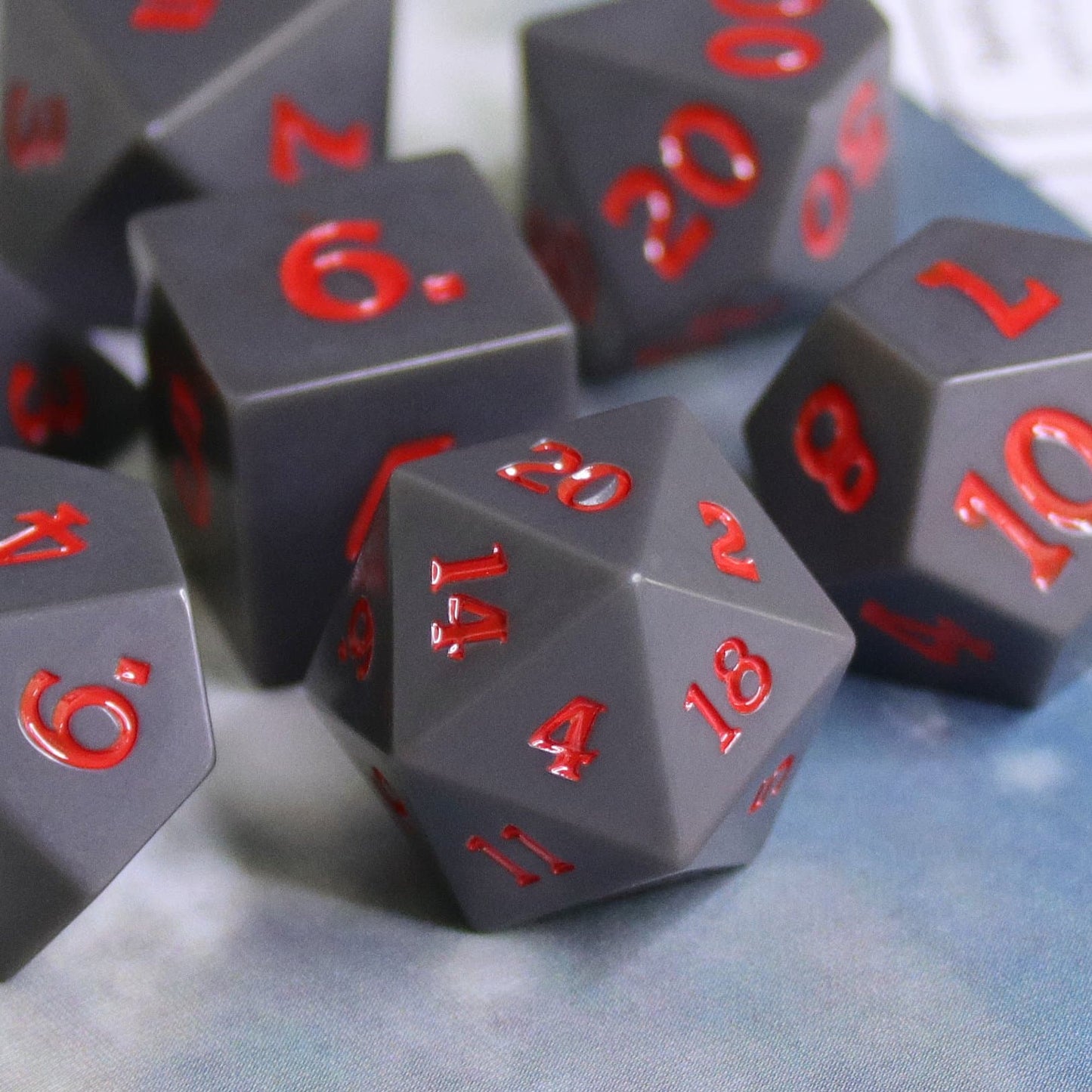 RPG Dice | Slate w/ Red Ink (Sharp Edged) | Set of 7