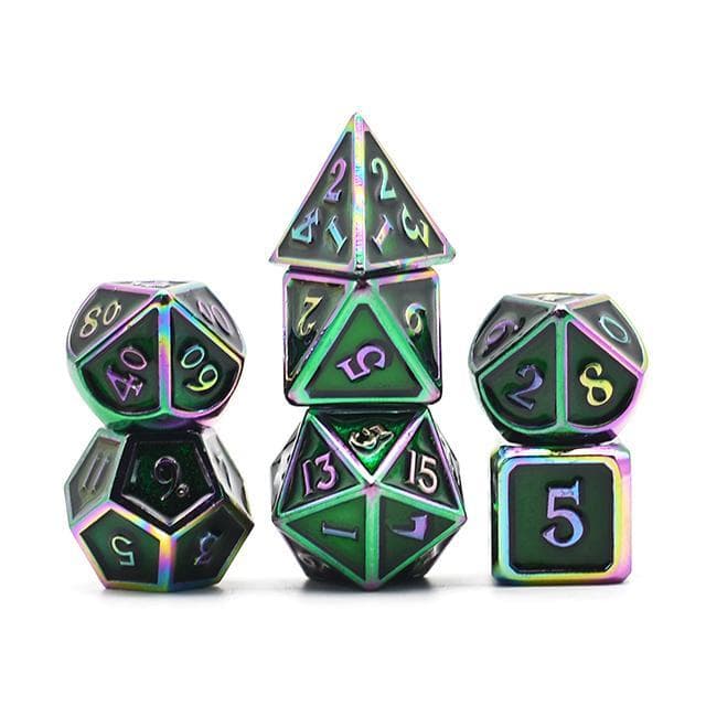 Metal Dice - Green Enamel w/Rainbow - Set of 7