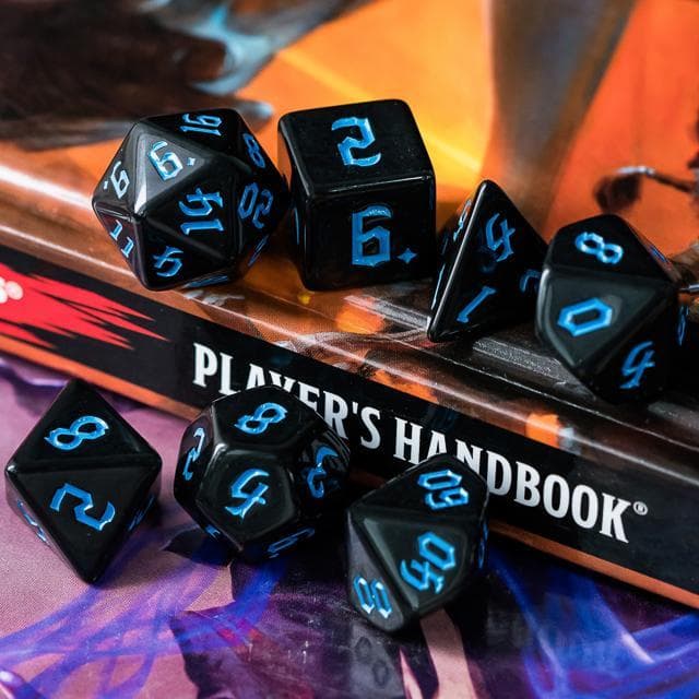 RPG Dice | Solid Black (Blue Ink) | Set of 7