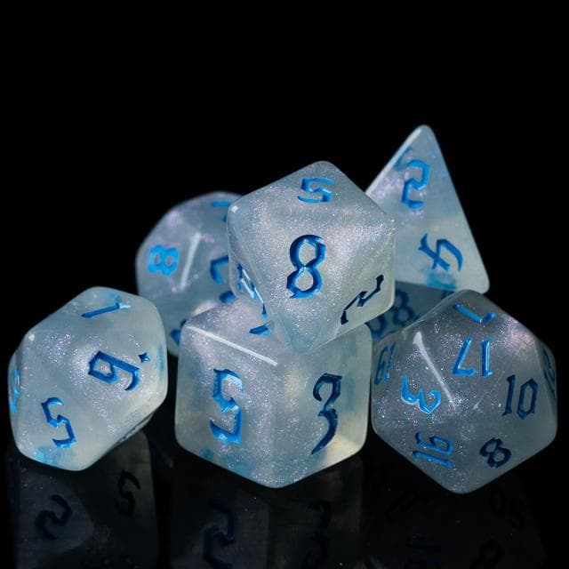 Polyhedral Dice Set | Acrylic | "Moonstone Thorns" Blue Ink | Set of 7 (D0122)