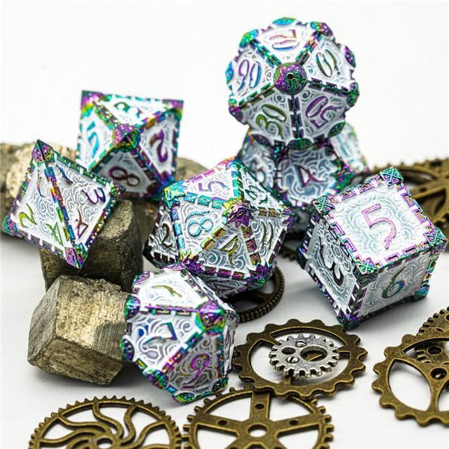 Metal Dice | "Dagger of Venom" Rainbow White | Set of 7