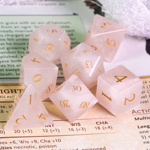 Gemstone Dice | Natural Rose Quartz | Set of 7