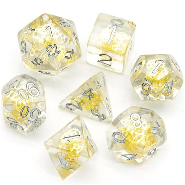 Polyhedral Dice Set | Resin | "Golden Gears" Suspended Gear | Set of 7 (D0117)