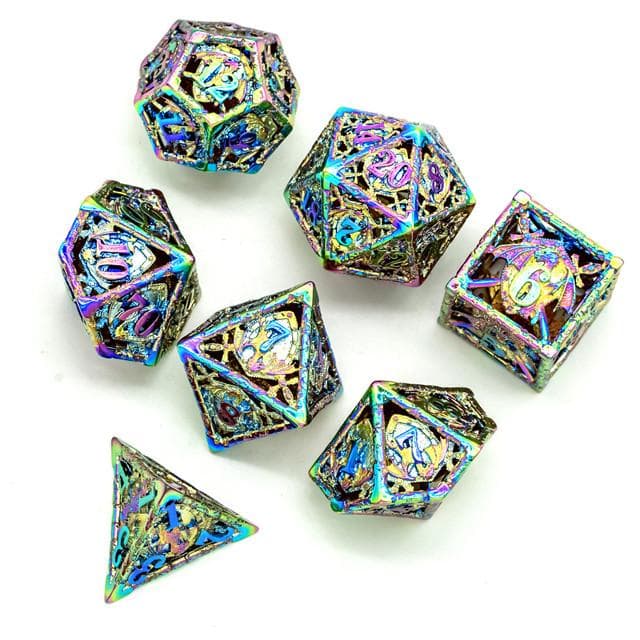RPG Dice Set | Hollow Metal | "Dragon Coat of Arms" - Rainbow | Set of 7 (D0228)