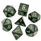 RPG Dice | Solid Black (Green Ink) | Set of 7