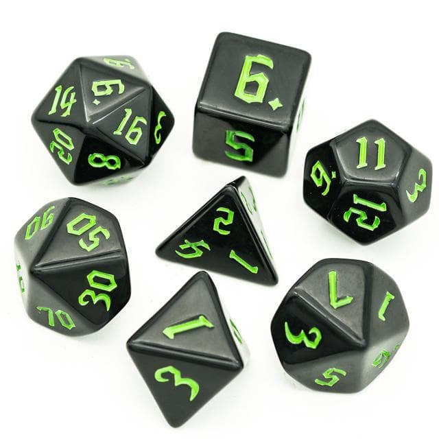 RPG Dice | Solid Black (Green Ink) | Set of 7