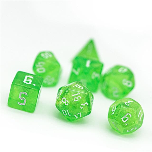 Polyhedral Dice Set | Acrylic | "Emerald Thorns" White Ink | Set of 7 (D0119)