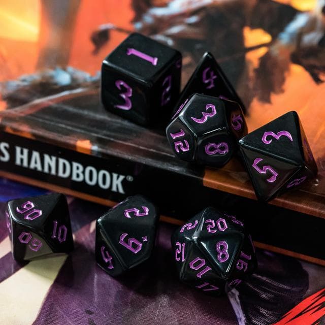 RPG Dice | Solid Black (Pink Ink) | Set of 7
