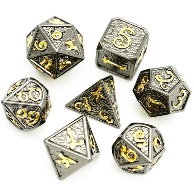 Metal Dice | Black Metal w/ Gold Dragon and Clouds | Set of 7