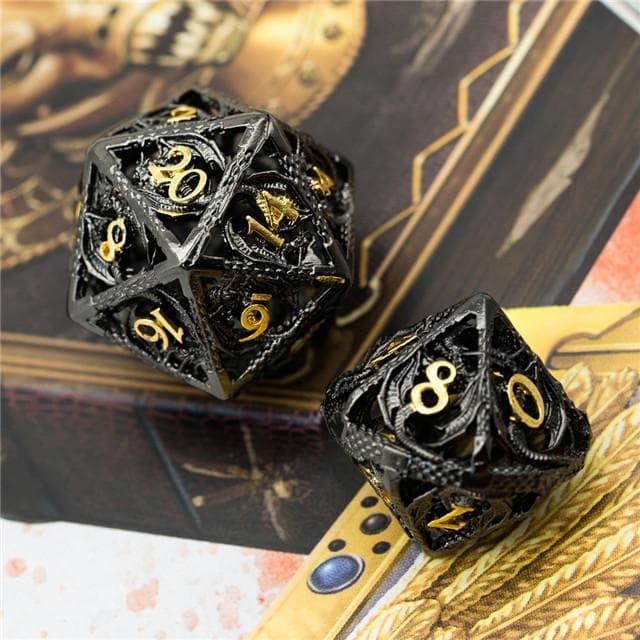 Metal Dice | Hollow "Dragon" Black w/Gold | Set of 7