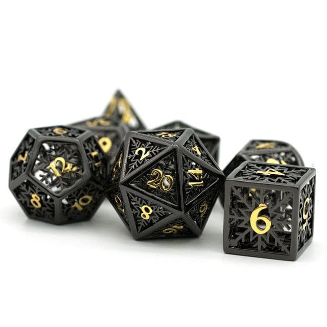 Metal Dice | Hollow "Snowflake" Black & Gold | Set of 7