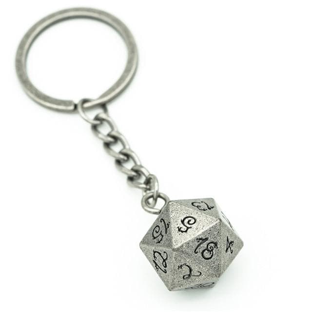 Weathered Silver d20 Dice Keychain | Black Ink Dragon