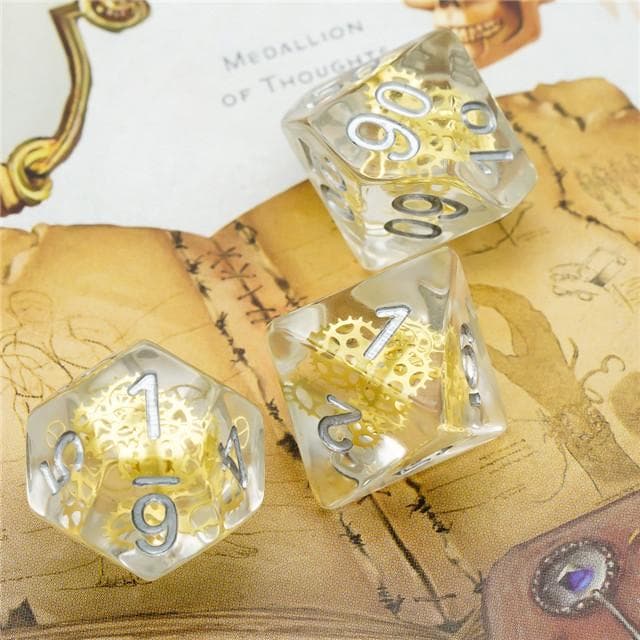 Polyhedral Dice Set | Resin | "Golden Gears" Suspended Gear | Set of 7 (D0117)