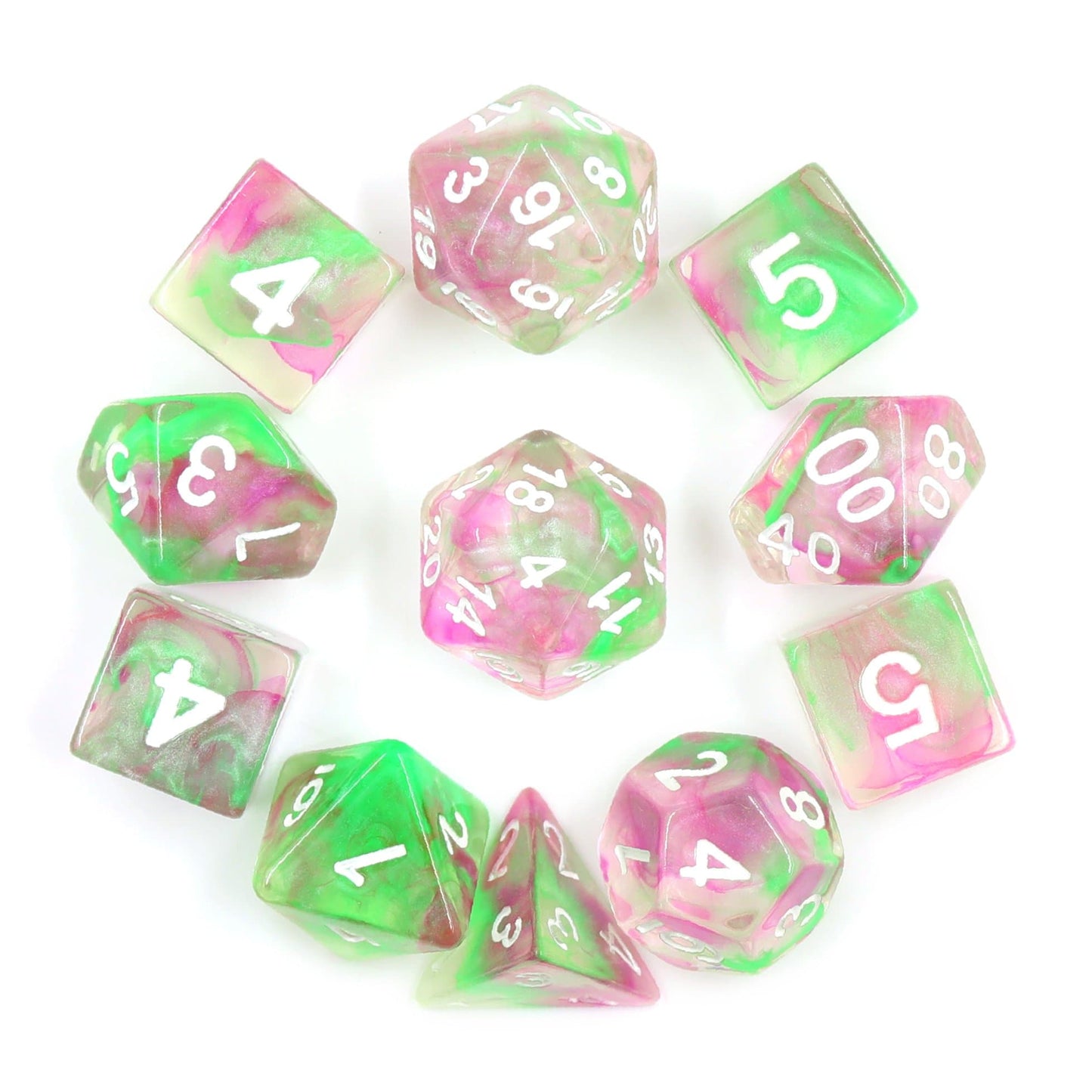 Polyhedral Dice Set | Acrylic | "Pearl Swirl" Green + Purple | Set of 11 (D1111)