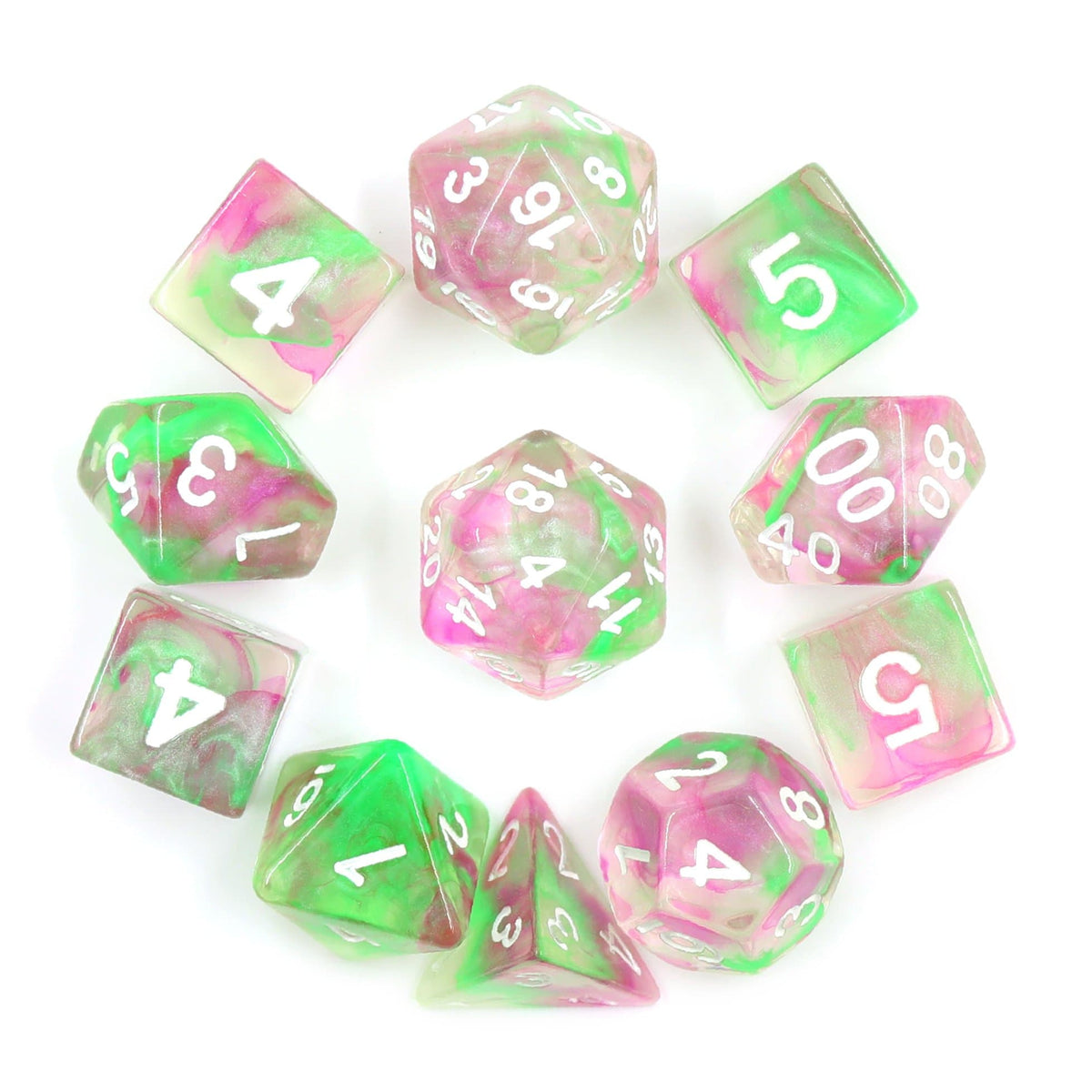 Polyhedral Dice Set | Acrylic | "Pearl Swirl" Green + Purple | Set of 11 (D1111)