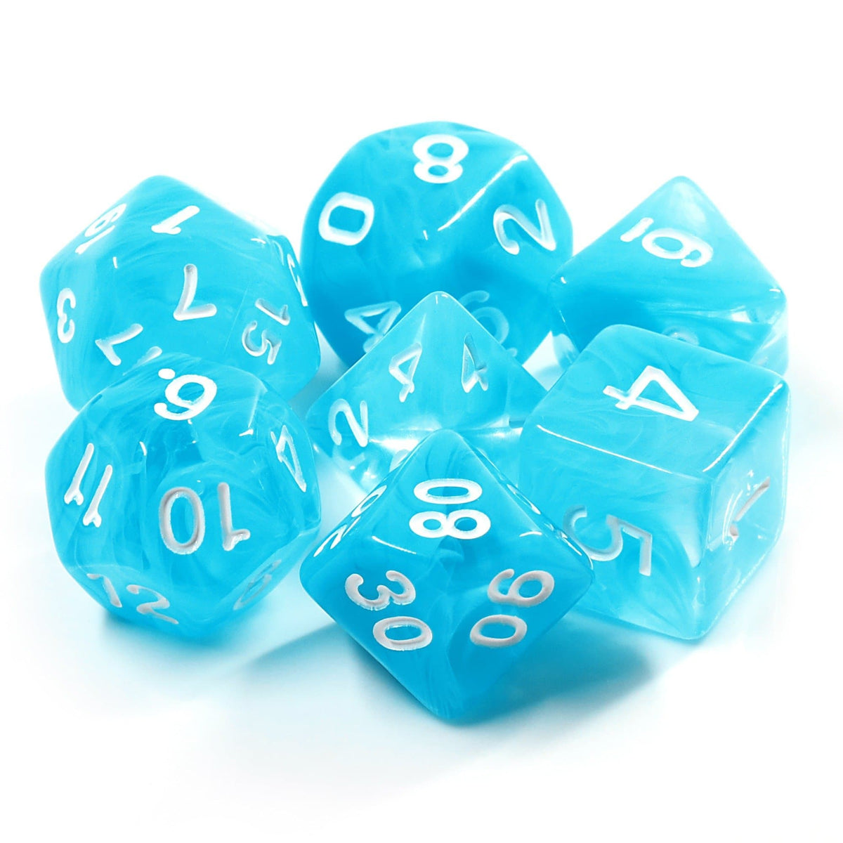 Polyhedral Dice Set | Acrylic | "Blue Sky" White Ink | Set of 7 (D0025)