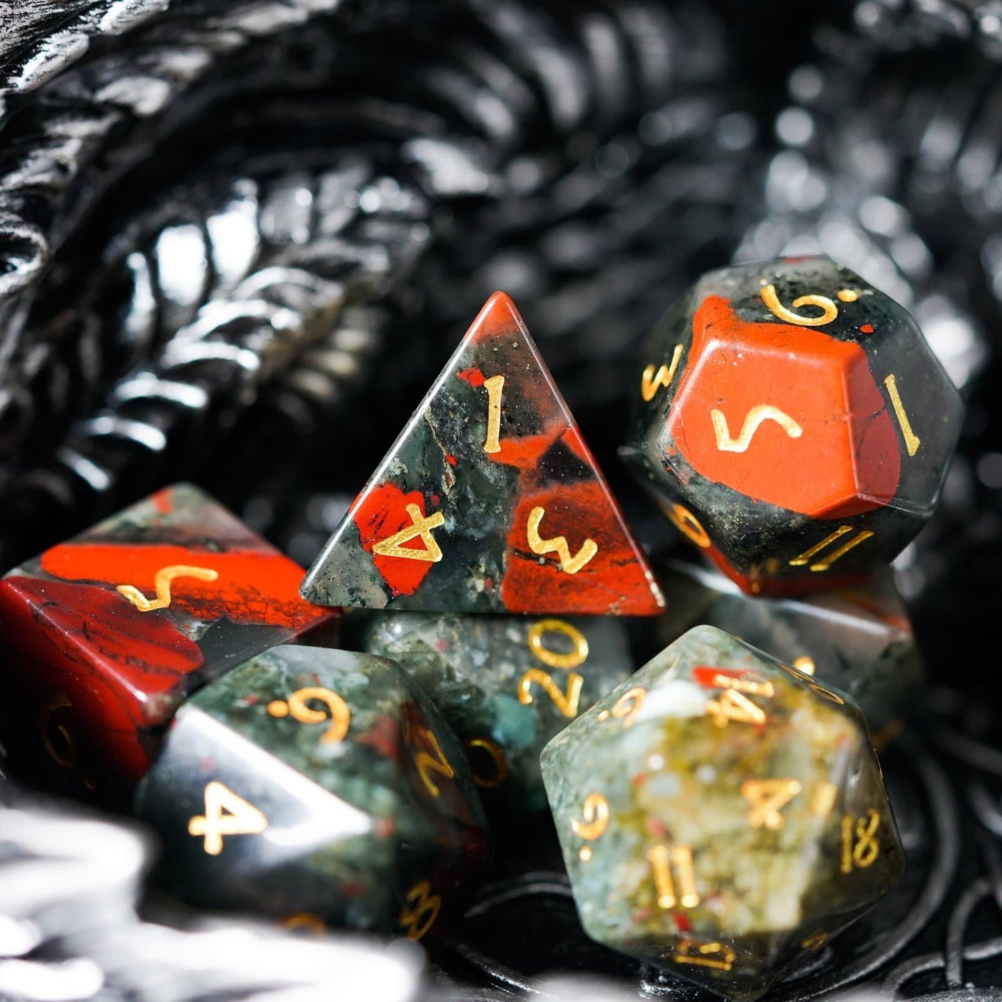 Polyhedral Dice Set | Gemstone | Natural Bloodstone | Set of 7 (D0212)