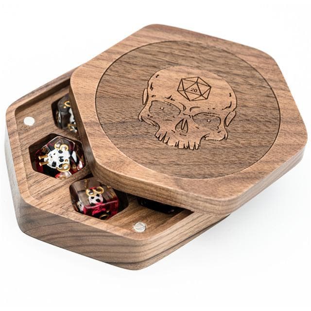Dice Box | Wooden Hexagonal | Walnut with Skull