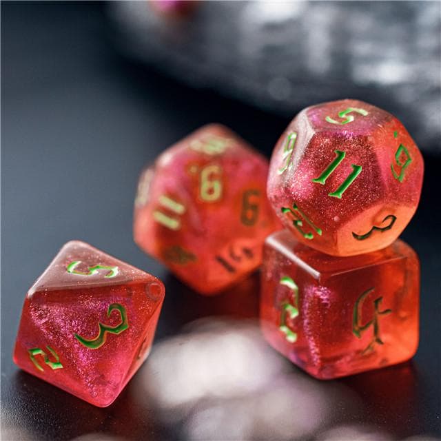 Polyhedral Dice Set | Acrylic | "Strawberry Thorns" Green Ink | Set of 7 (D0184)