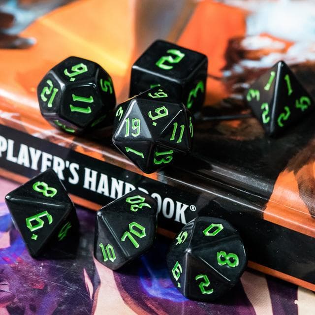 RPG Dice | Solid Black (Green Ink) | Set of 7