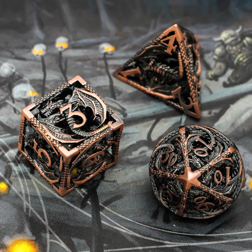 Metal Dice | Hollow "Dragon" Copper | Set of 7