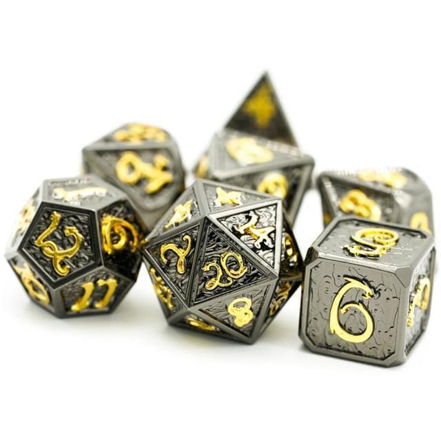 Metal Dice | Black Metal w/ Gold Dragon and Clouds | Set of 7