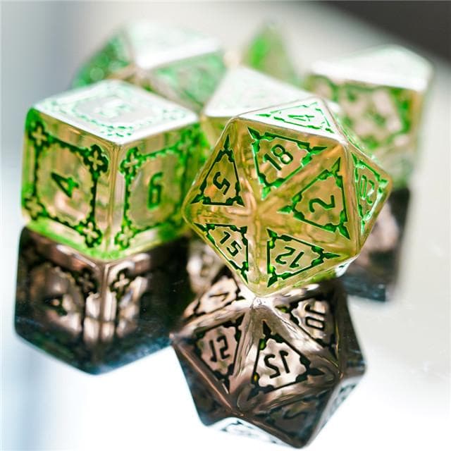 Large RPG Dice | "Chunky Castle" Transparent (Green Ink) | Set of 7