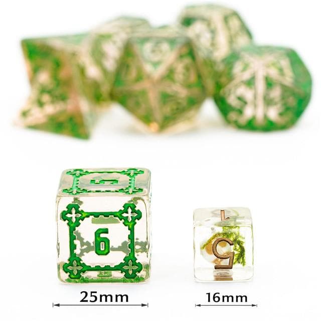 Large RPG Dice | "Chunky Castle" Transparent (Green Ink) | Set of 7