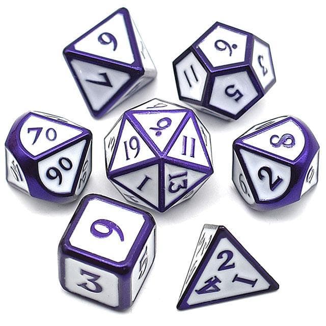 Metal Dice | White Enamel w/Purple | Set of 7