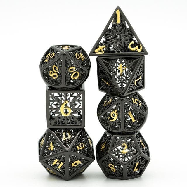 Metal Dice | Hollow "Snowflake" Black & Gold | Set of 7