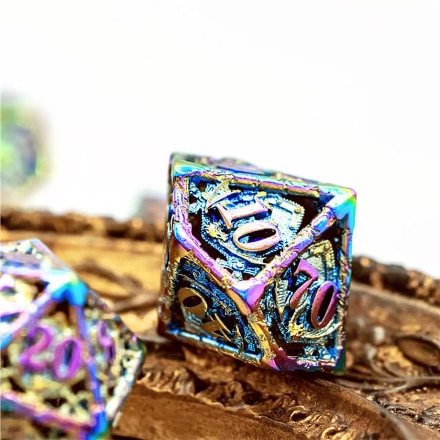 RPG Dice Set | Hollow Metal | "Dragon Coat of Arms" - Rainbow | Set of 7 (D0228)