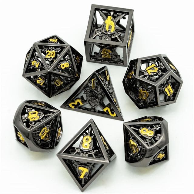 Metal Dice | Hollow "Shield" Black & Gold | Set of 7