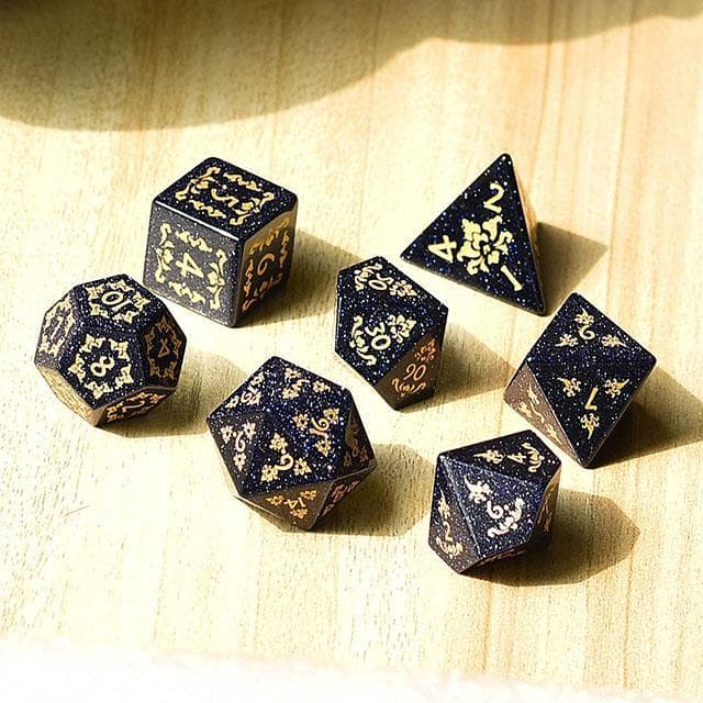 Gemstone Dice - Blue Goldstone Filigree - Set of 7