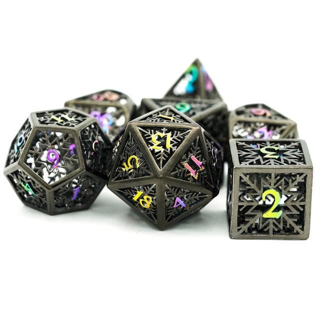 Metal Dice - Hollow "Snowflake" Dark Rainbow - Set of 7