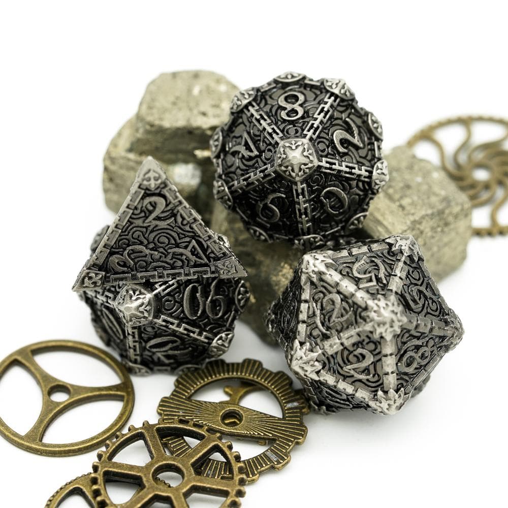 Metal Dice | "Dagger of Venom" Brushed Silver | Set of 7
