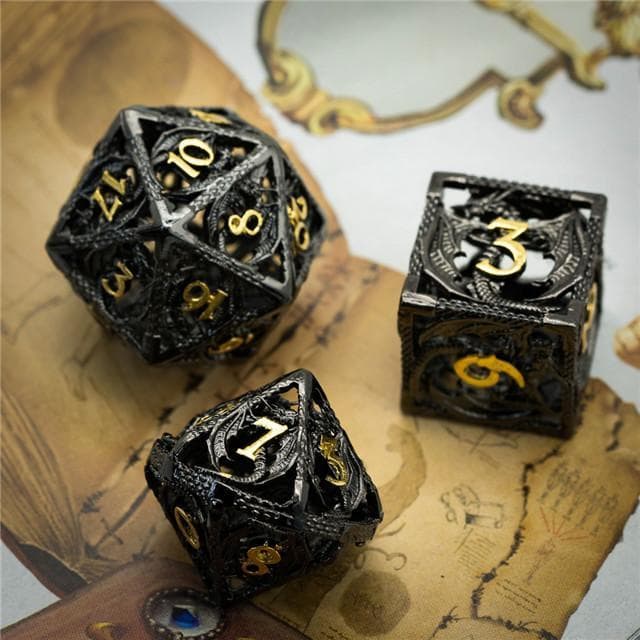 Metal Dice | Hollow "Dragon" Black w/Gold | Set of 7