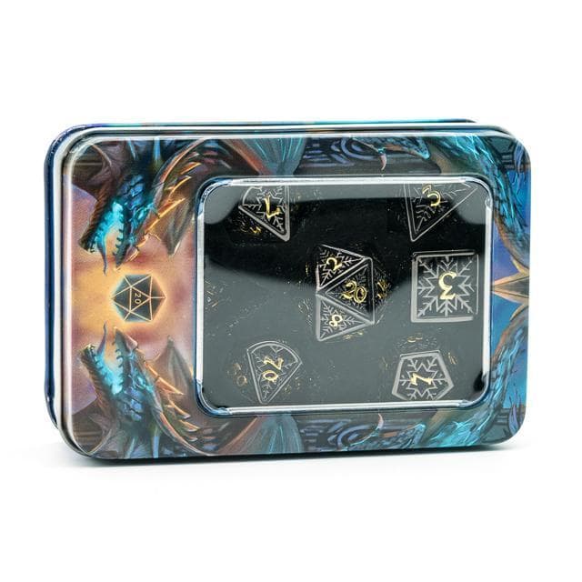 Metal Dice | Hollow "Snowflake" Black & Gold | Set of 7