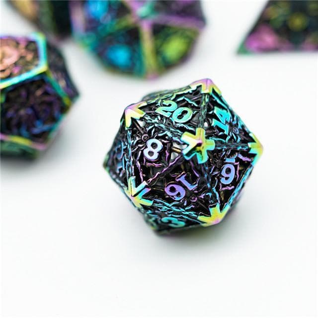 Metal Dice | Hollow "Spider" Rainbow | Set of 7