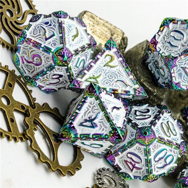 Metal Dice | "Dagger of Venom" Rainbow White | Set of 7