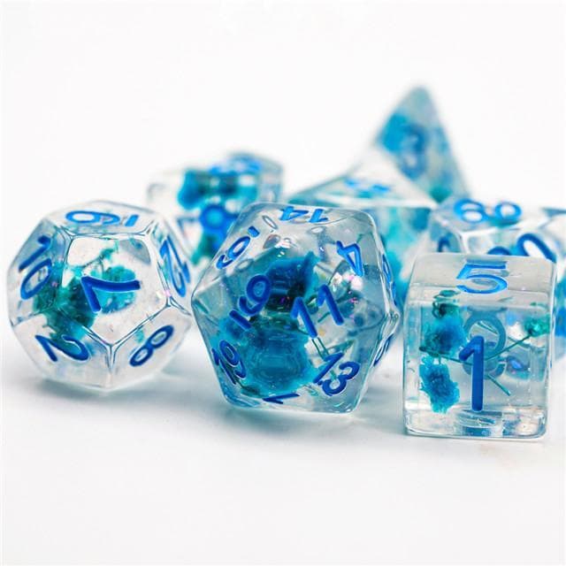 RPG Dice | "Suspended Flower" Glitter Blue | Set of 7