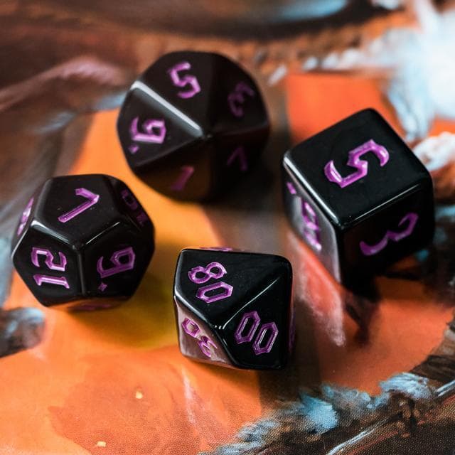 RPG Dice | Solid Black (Pink Ink) | Set of 7