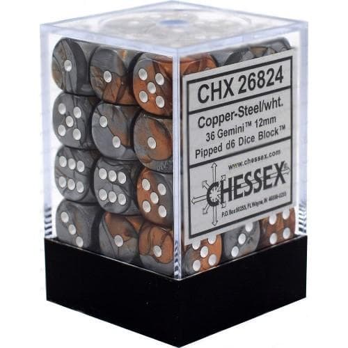 Chessex | d6 Dice Block | Acrylic | Gemini Copper-Steel/white 12mm d6 (36 Dice) (CHX 26824)
