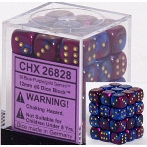 Chessex | d6 Dice Block | Acrylic | Gemini Blue-Purple/gold 12mm d6 (36 Dice) (CHX 26828)