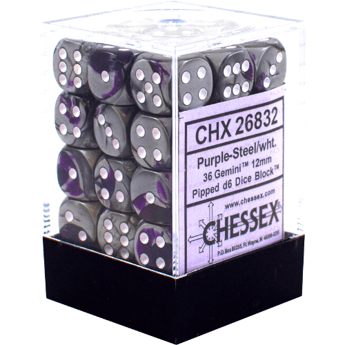 Chessex | d6 Dice Block | Acrylic | Gemini Purple-Steel/white 12mm d6 (36 Dice) (CHX 26832)