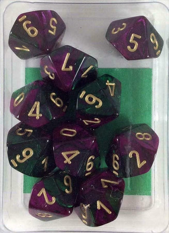 CHX 26234 Gemini Polyhedral Green-Purple/Gold Set of Ten d10s