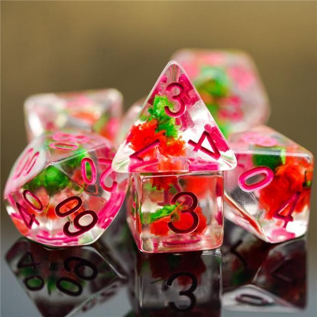 RPG Dice | "Suspended Flower" Red & Green | Set of 7