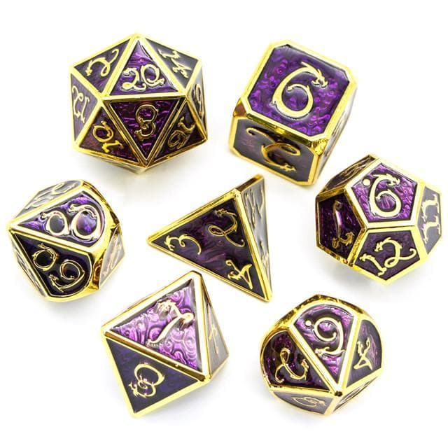 Metal Dice | Purple Enamel w/ Gold Dragon | Set of 7